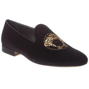 Versace Black and Gold Men's Velvet Medusa Loafers.